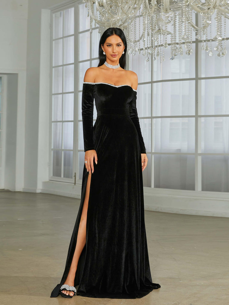 Off Shoulder Split Black Velvet Evening Dress - Stylish black dress for special occasions | Buy Online