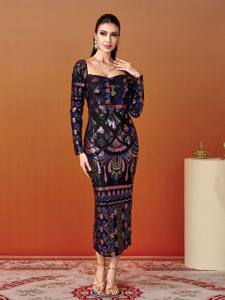 Shop  beautiful dress - Perfect for special occasions | Square Neck Long Sleeve Split Sequin Dress