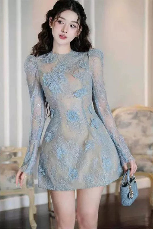 AMY LACE MINI DRESS IN BLUE - Stylish blue dress for special occasions | Buy Online