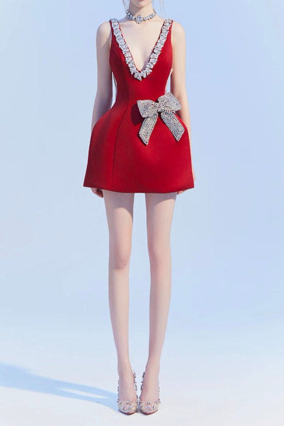 Stylish red dress | Esme Plunge Bownot Mini Dress In Red - Ideal for special occasions