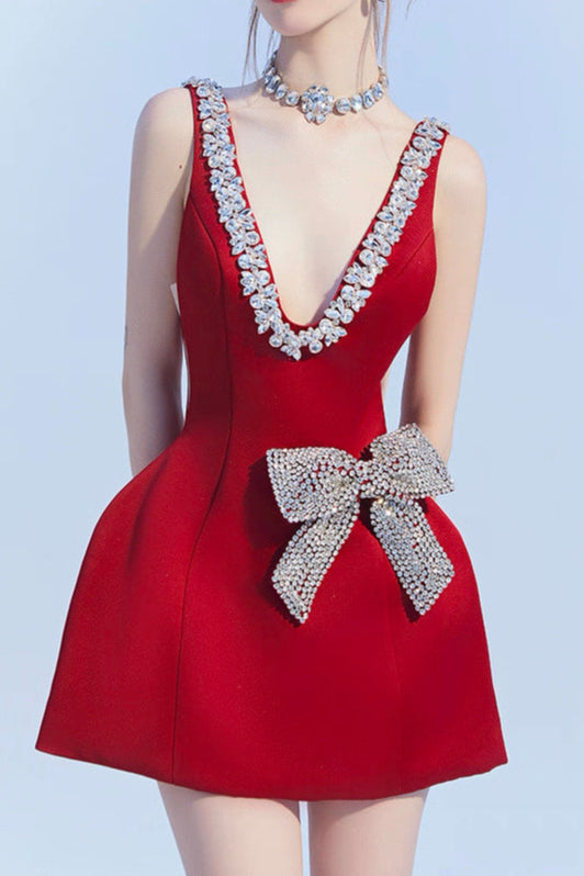 Stylish red dress | Esme Plunge Bownot Mini Dress In Red - Ideal for special occasions