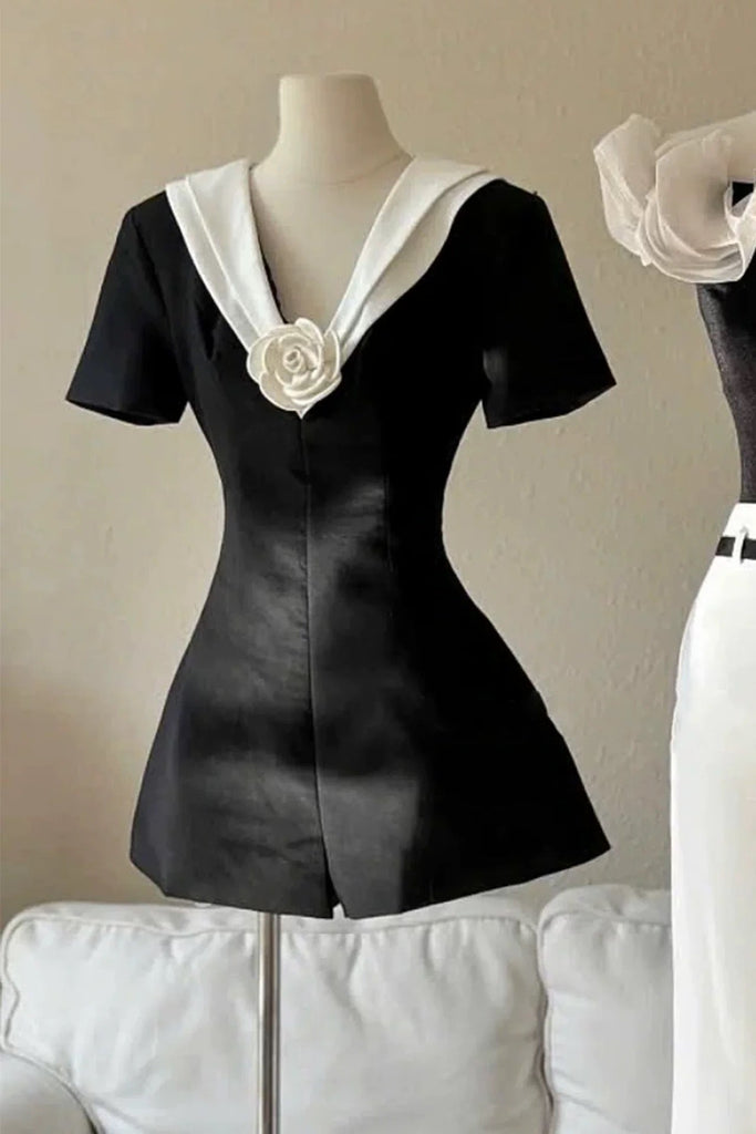 Stylish white dress | v neck white 3d flower Jumpsuit in black - Ideal for special occasions