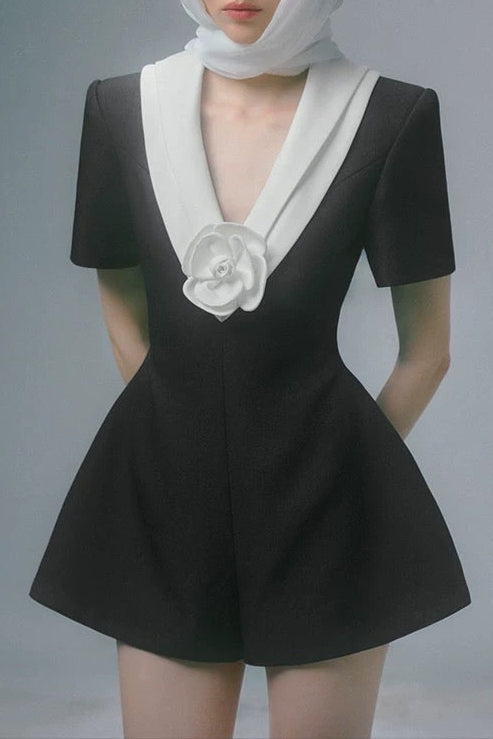 Stylish white dress | v neck white 3d flower Jumpsuit in black - Ideal for special occasions