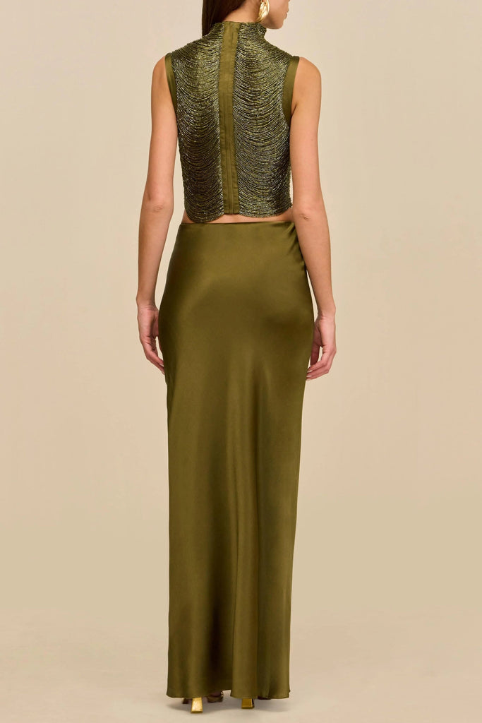 Shop  green dress - Perfect for special occasions | cecilia Sleeveless Turtleneck Tassel Paneled Top and Satin Skirt Set in green