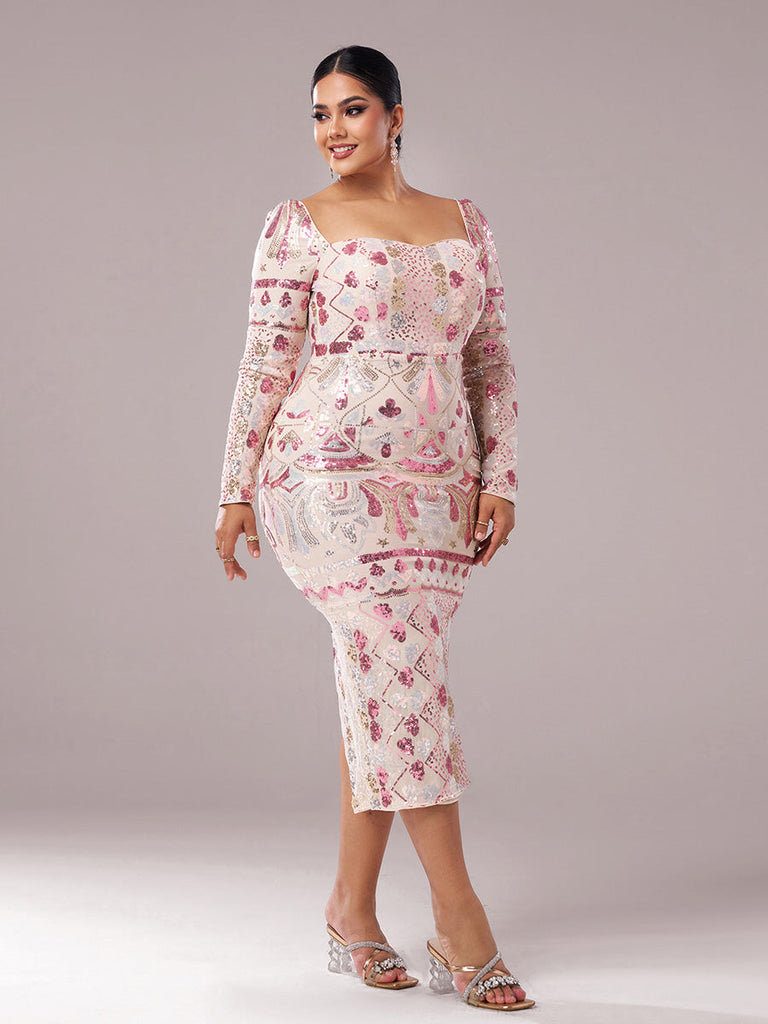 Shop  beautiful dress - Perfect for special occasions | Square Neck Long Sleeve Split Sequin Dress
