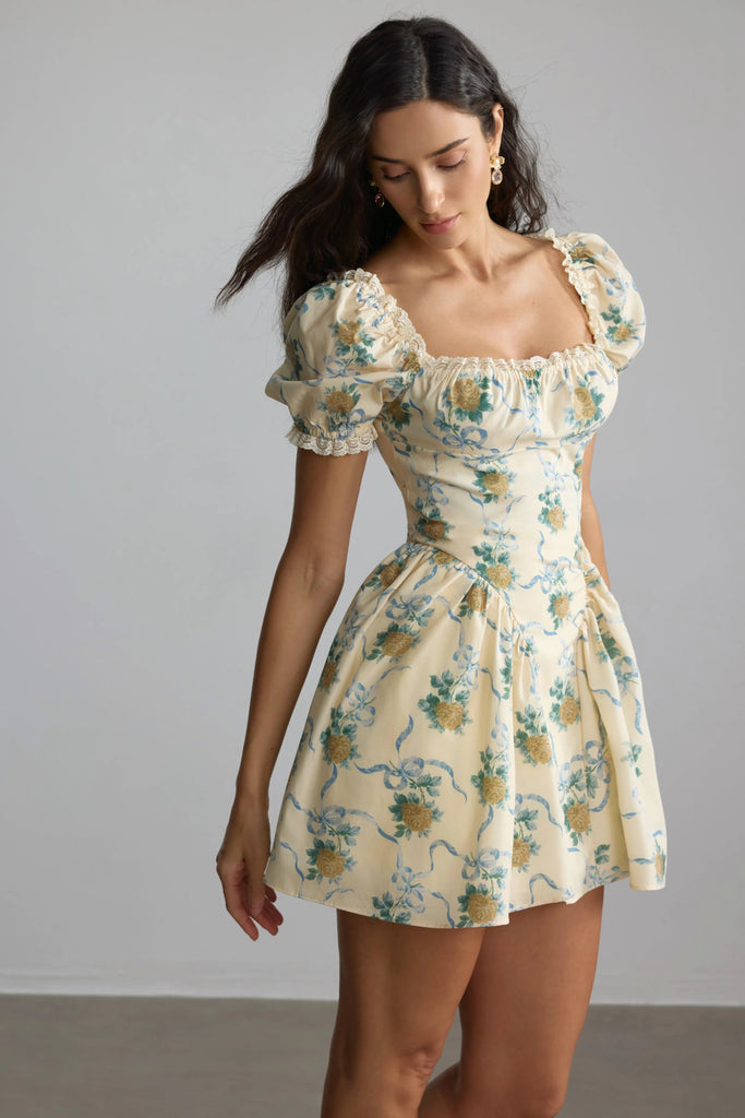 beverly Floral Print Square Neck Mini Dress in yellow - Stylish yellow dress for special occasions | Buy Online