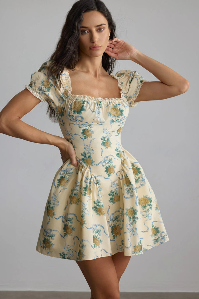 beverly Floral Print Square Neck Mini Dress in yellow - Stylish yellow dress for special occasions | Buy Online