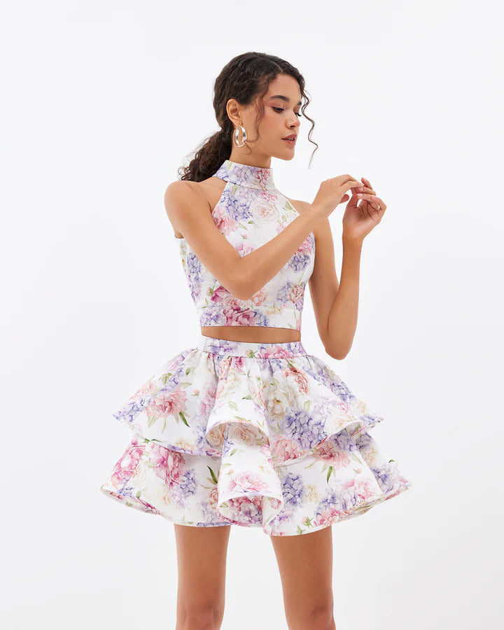 Shop  pink dress - Perfect for special occasions | jessica printed backless halter top skirt set in pink