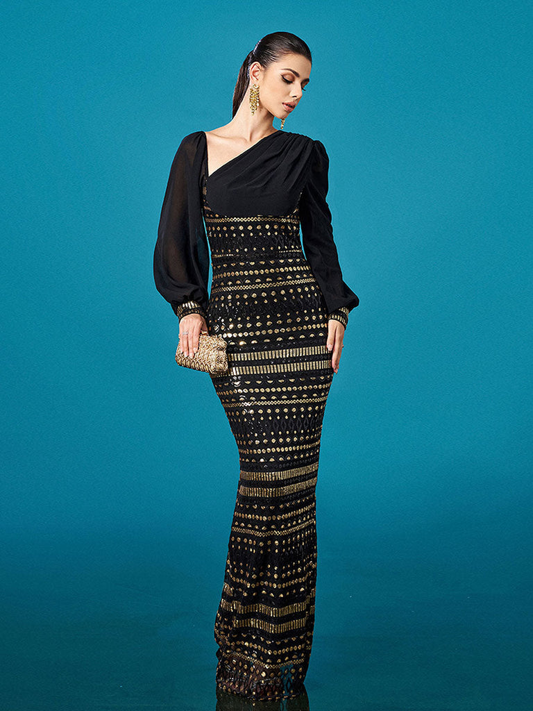 Black Long Sleeve Cutout Sheath Sequin Dress - Stylish black dress for special occasions | Buy Online
