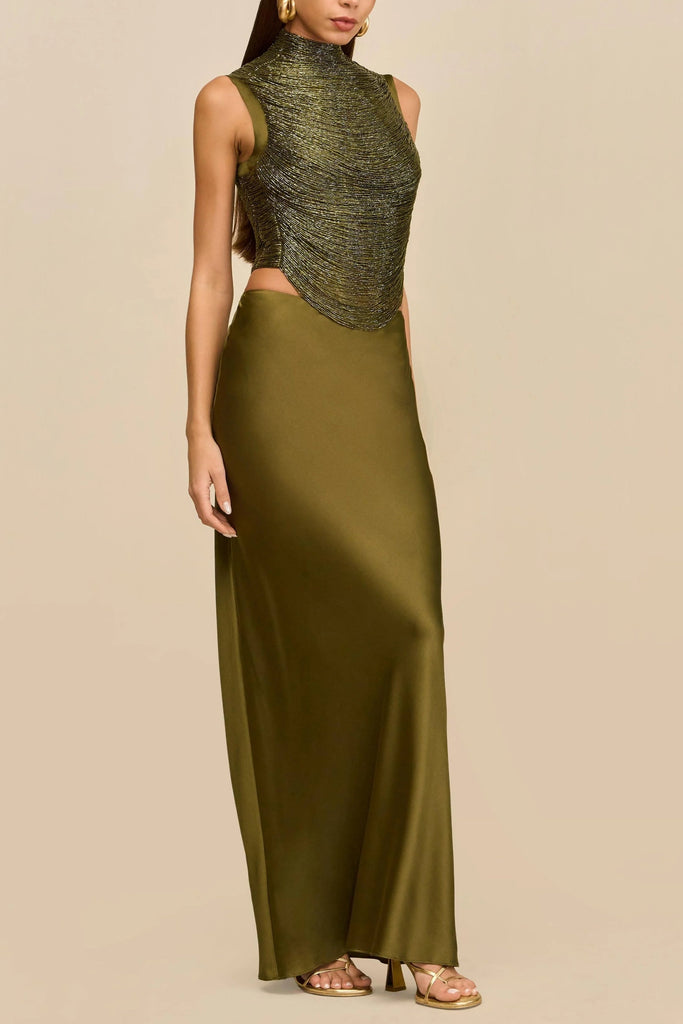 Shop  green dress - Perfect for special occasions | cecilia Sleeveless Turtleneck Tassel Paneled Top and Satin Skirt Set in green