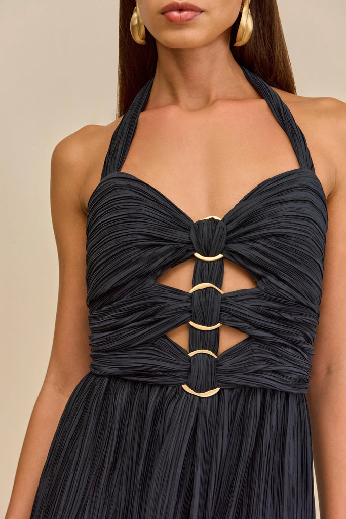 Shop  blue dress - Perfect for special occasions | evangeline halter pleated cutout maxi dress in navy blue