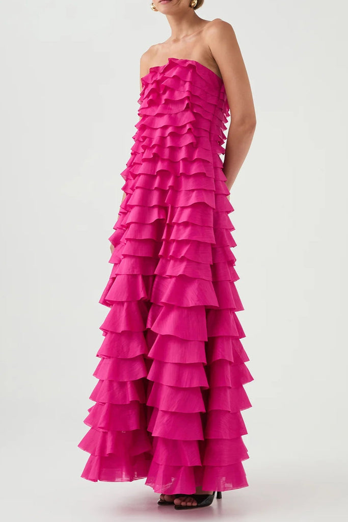 Shop  red dress - Perfect for special occasions | cathy Pleated layer strapless maxi dress in rose red