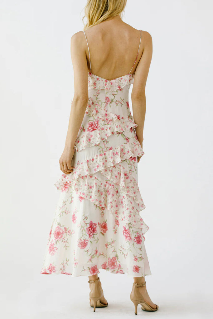 Floral Ruffle Tiered Maxi Dress - Pink & Ivory - Stylish red dress for special occasions | Buy Online