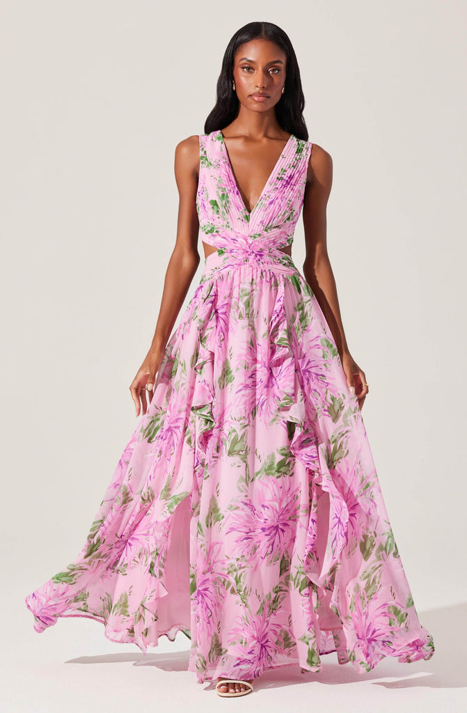 Shop  pink dress - Perfect for special occasions | salome ruffle floral cutout maxi dress in pink