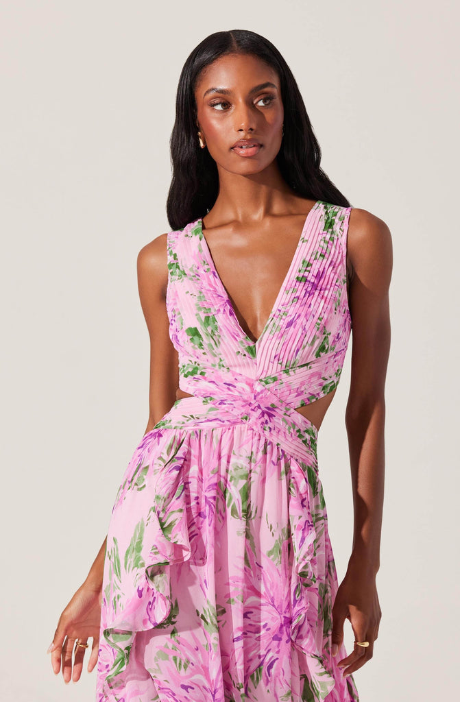 Stylish pink dress | salome ruffle floral cutout maxi dress in pink - Ideal for special occasions