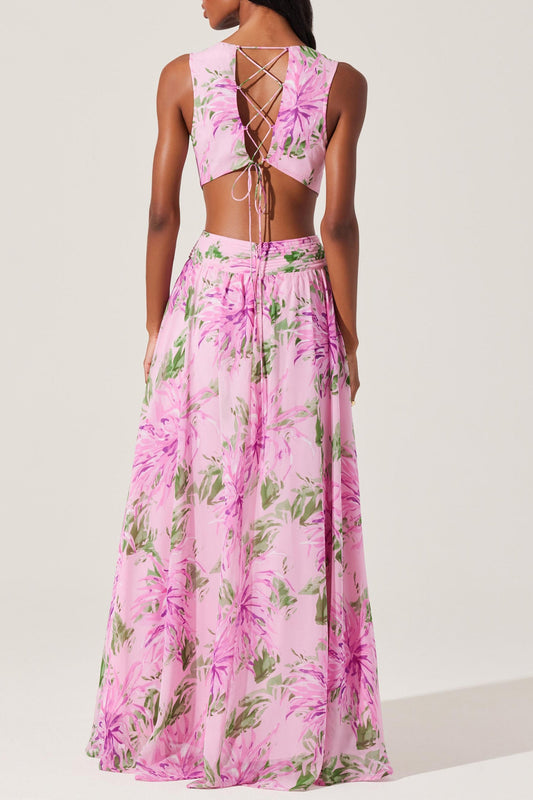 salome ruffle floral cutout maxi dress in pink