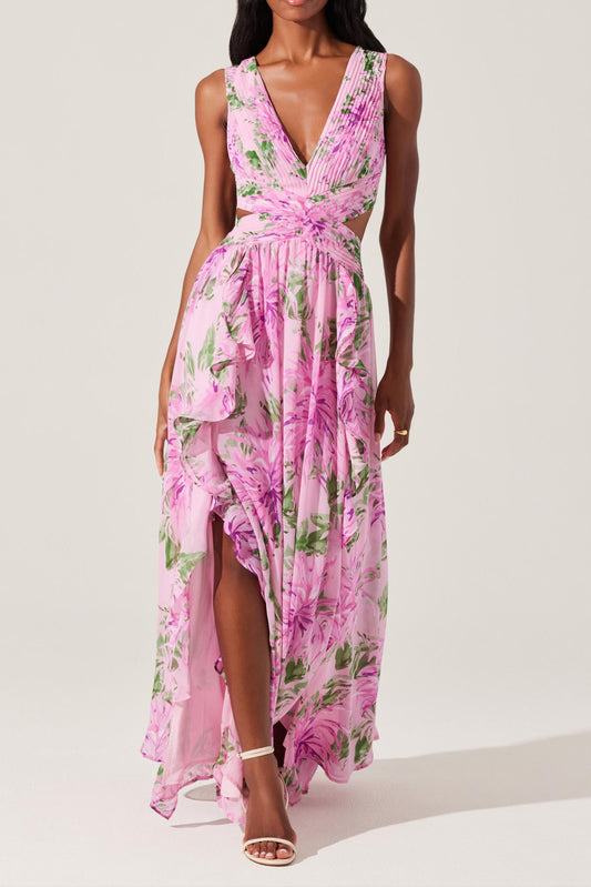 salome ruffle floral cutout maxi dress in pink