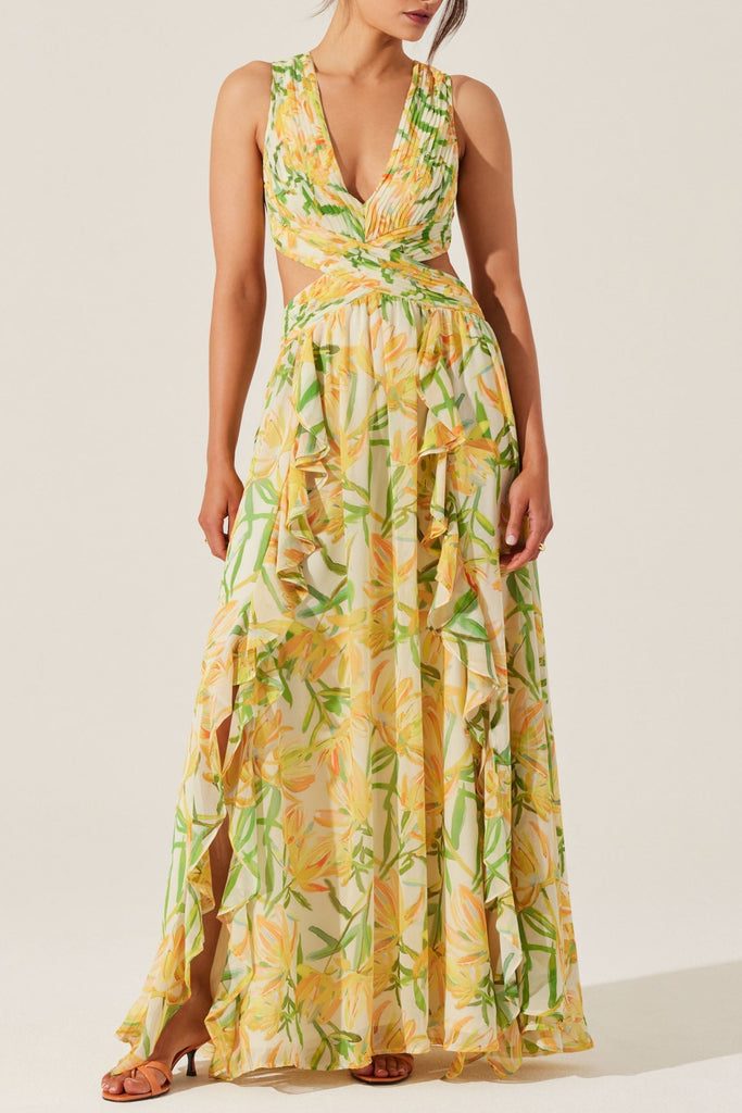 Stylish yellow dress | alyssa ruffle floral cutout maxi dress in yellow - Ideal for special occasions