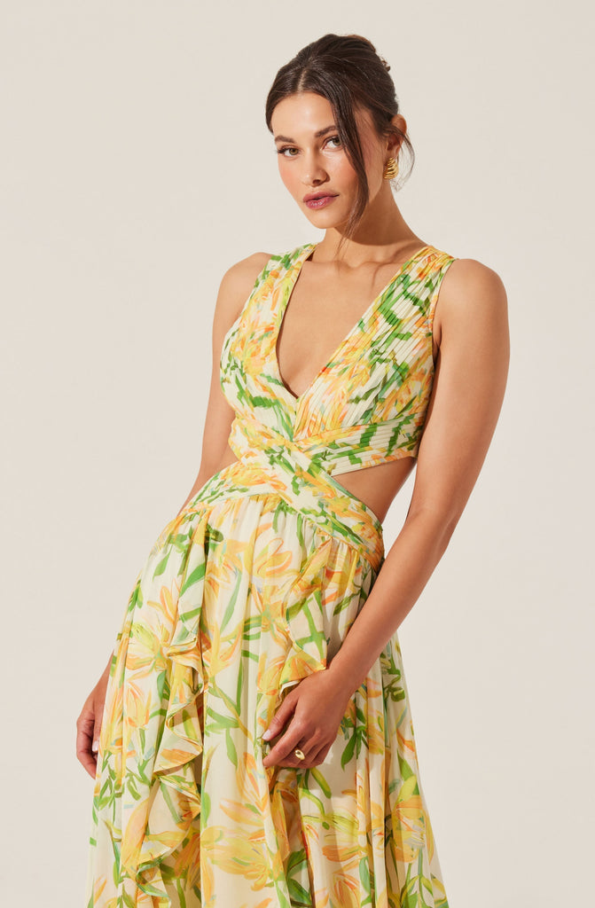 Stylish yellow dress | alyssa ruffle floral cutout maxi dress in yellow - Ideal for special occasions