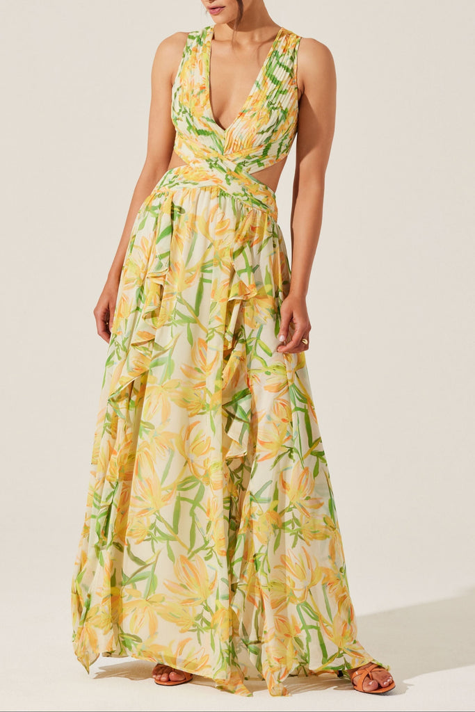 alyssa ruffle floral cutout maxi dress in yellow - Stylish yellow dress for special occasions | Buy Online