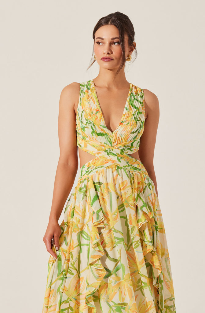 alyssa ruffle floral cutout maxi dress in yellow - Stylish yellow dress for special occasions | Buy Online