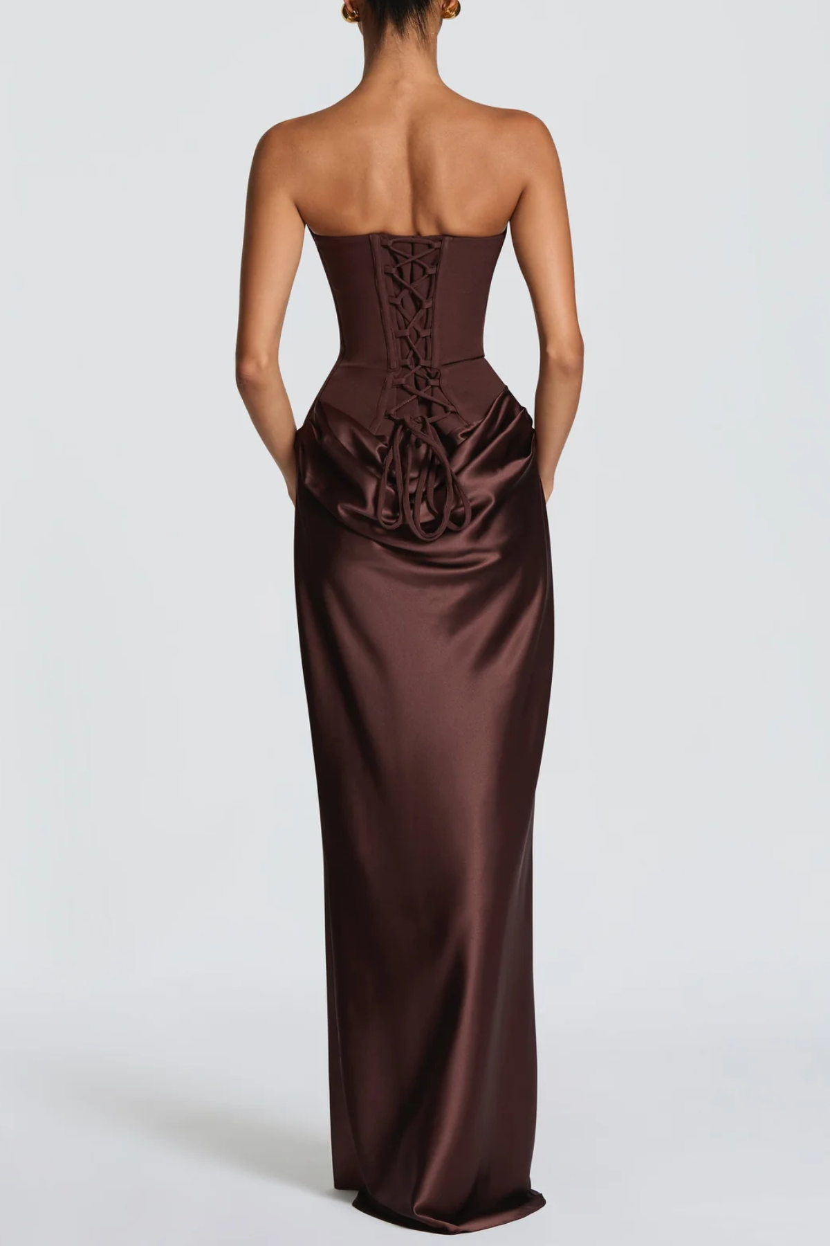 AIsolda  Strapless Corset Scarf Satin Maxi Dress - Brown