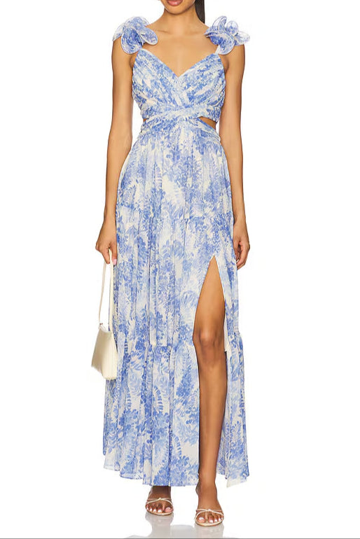 Stylish blue dress | v -neck floral print cutout maxi dress in blue - Ideal for special occasions