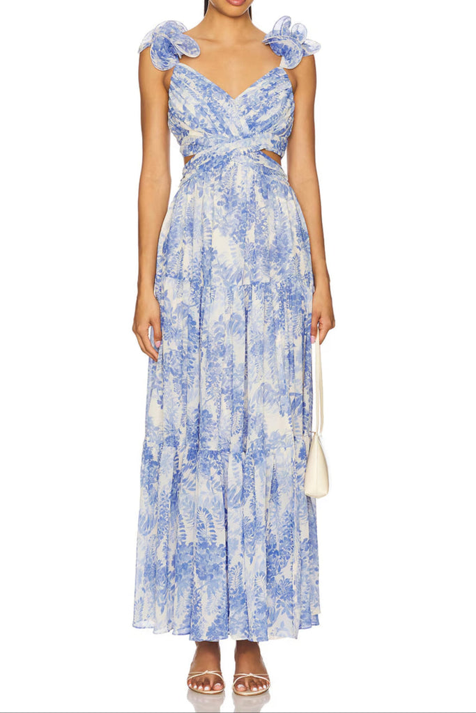 Shop  blue dress - Perfect for special occasions | v -neck floral print cutout maxi dress in blue