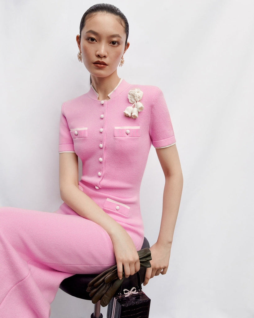 Shop  pink dress - Perfect for special occasions | Rachel Pink Crochet Flower Knit Midi Dress