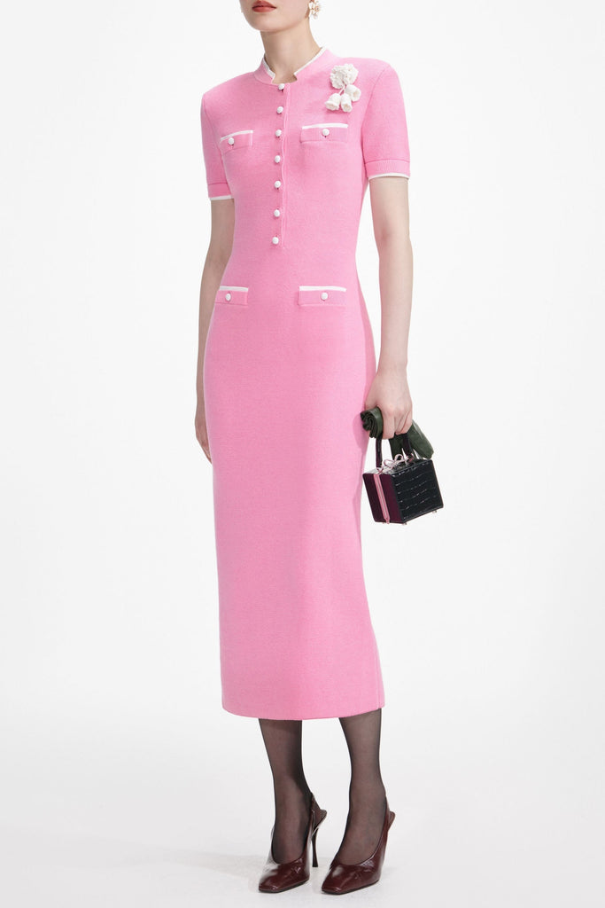 Stylish pink dress | Rachel Pink Crochet Flower Knit Midi Dress - Ideal for special occasions