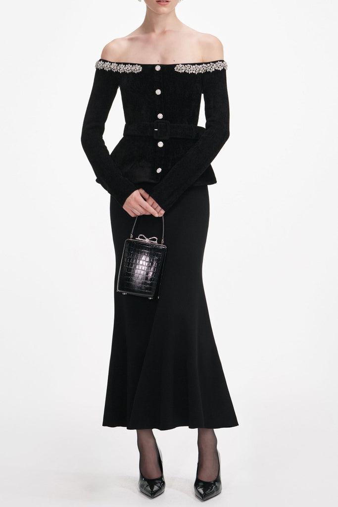 Quinn Black Chenille Knit Crystal Trim Midi Dress - Stylish black dress for special occasions | Buy Online