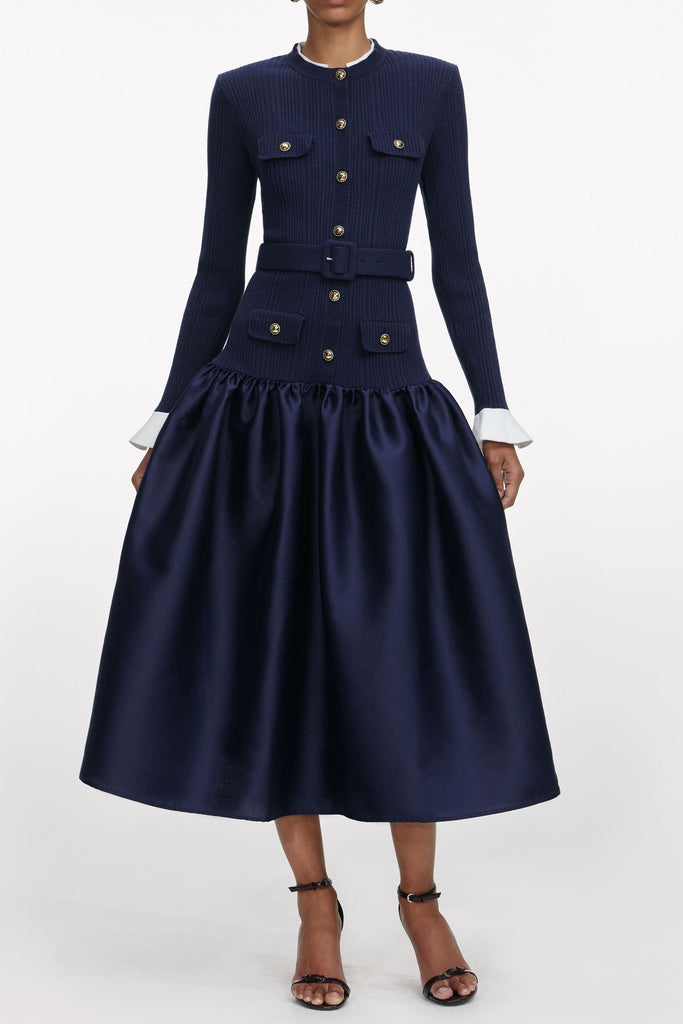 Natalie Navy Knit Taffeta Midi Dress - Stylish beautiful dress for special occasions | Buy Online