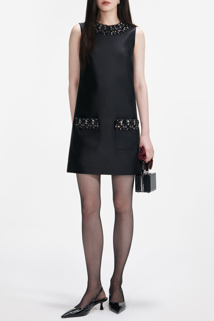 maggie Black Taffeta Embellished Trim Mini Dress - Stylish black dress for special occasions | Buy Online