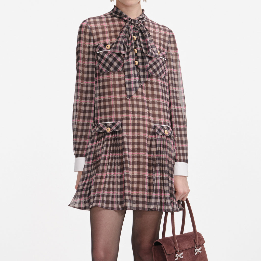 Stylish brown dress | frances Brown Check Chiffon Mini Dress - Ideal for special occasions
