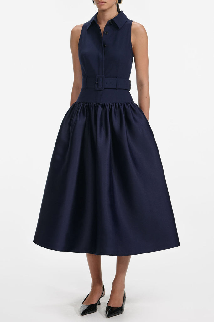Casey Navy Belted Twill Midi Dress - Stylish beautiful dress for special occasions | Buy Online