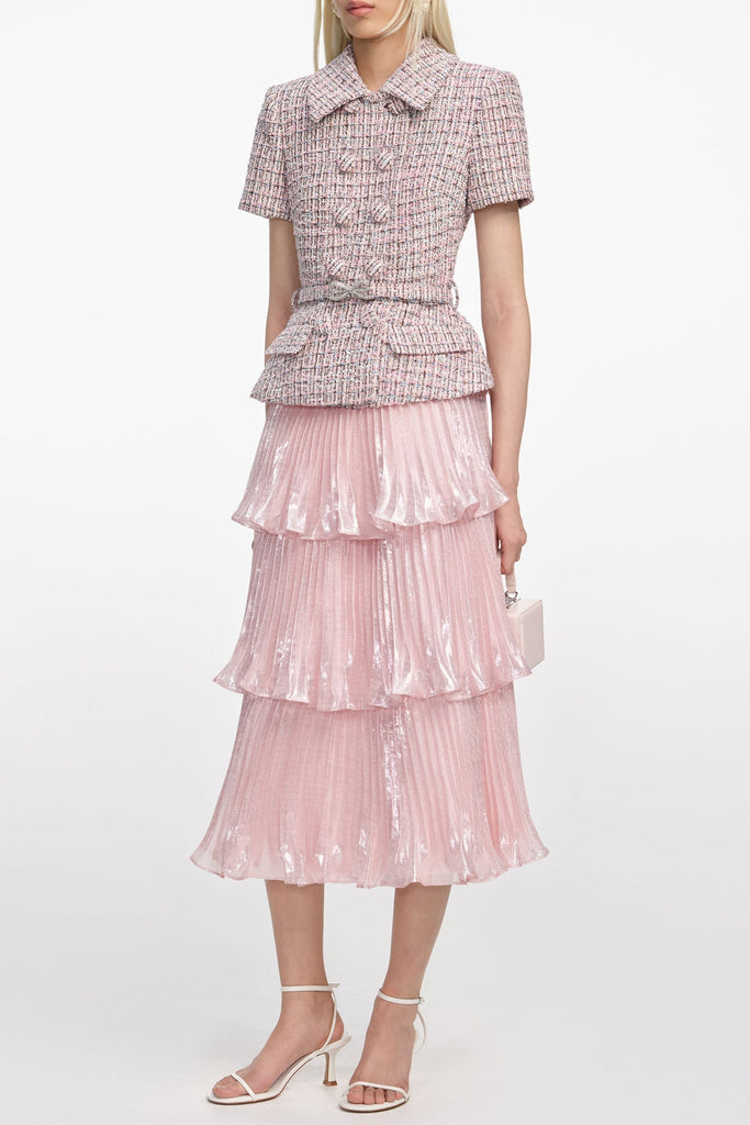 beulah Pink Boucle Metallic Tiered Midi Dress - Stylish red dress for special occasions | Buy Online