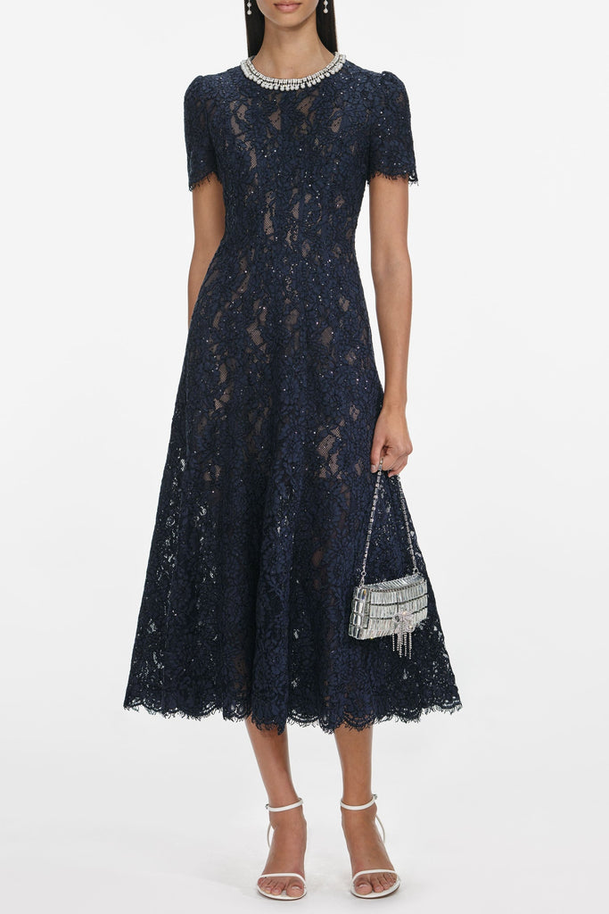 tess Navy Lace Embellished Midi Dress - Stylish beautiful dress for special occasions | Buy Online