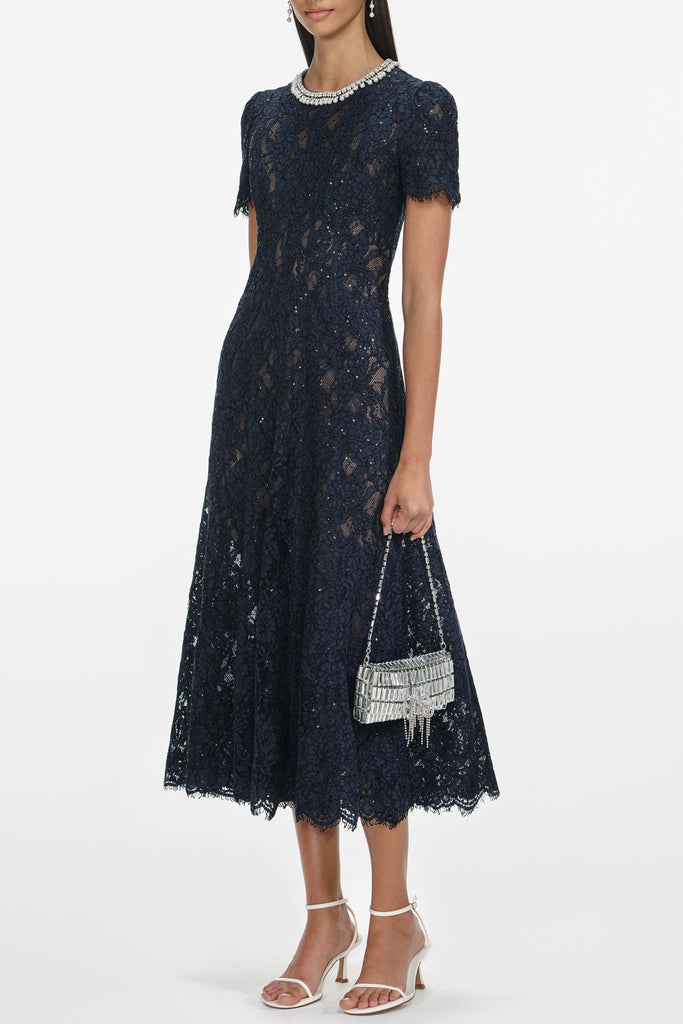 tess Navy Lace Embellished Midi Dress - Stylish beautiful dress for special occasions | Buy Online