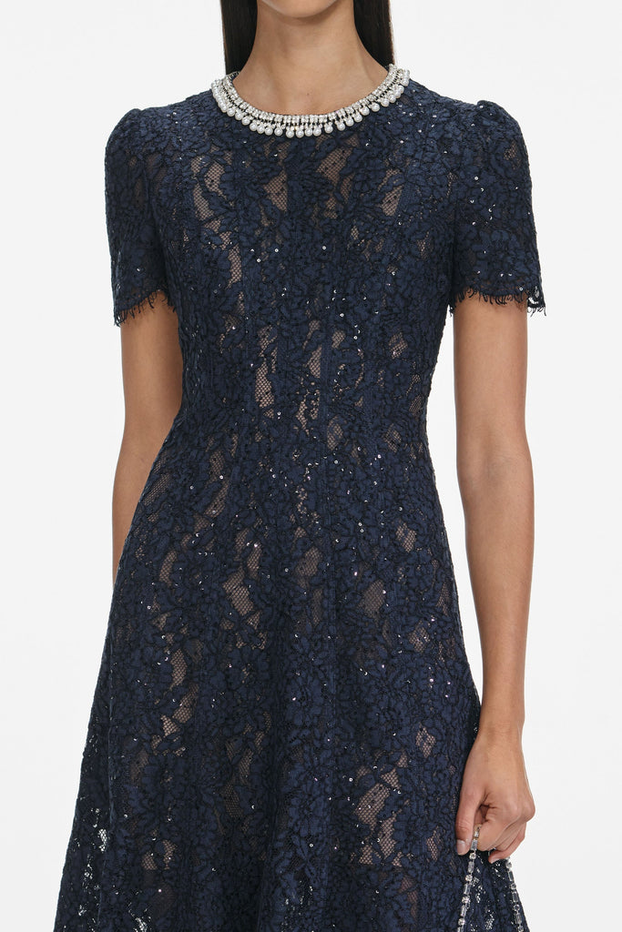 Shop  beautiful dress - Perfect for special occasions | tess Navy Lace Embellished Midi Dress
