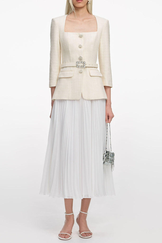 Stylish beautiful dress | yuri Cream Boucle Long Sleeve Chiffon Midi Dress - Ideal for special occasions