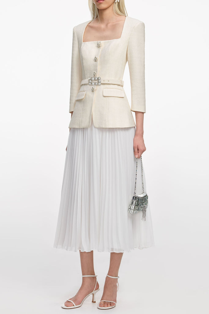 Stylish beautiful dress | yuri Cream Boucle Long Sleeve Chiffon Midi Dress - Ideal for special occasions