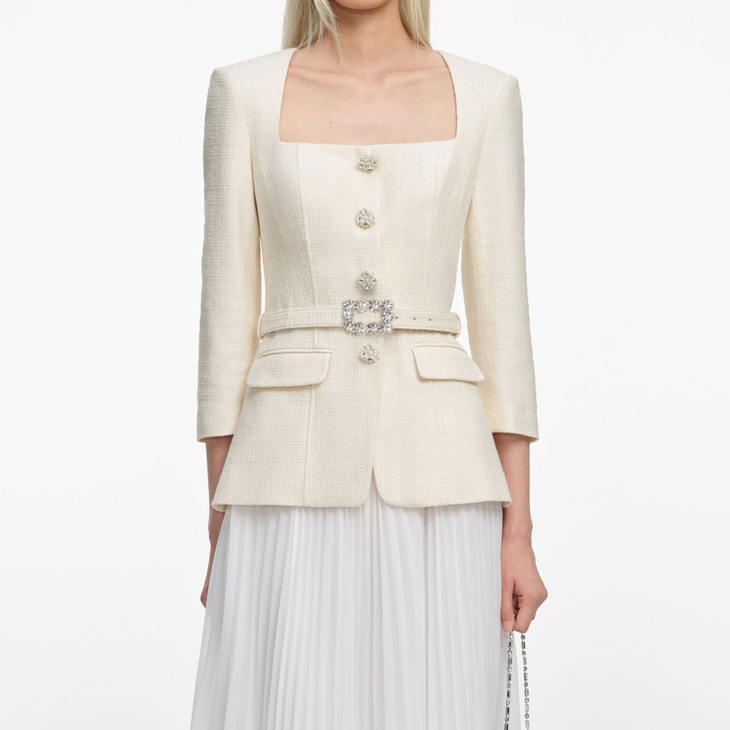 yuri Cream Boucle Long Sleeve Chiffon Midi Dress - Stylish beautiful dress for special occasions | Buy Online