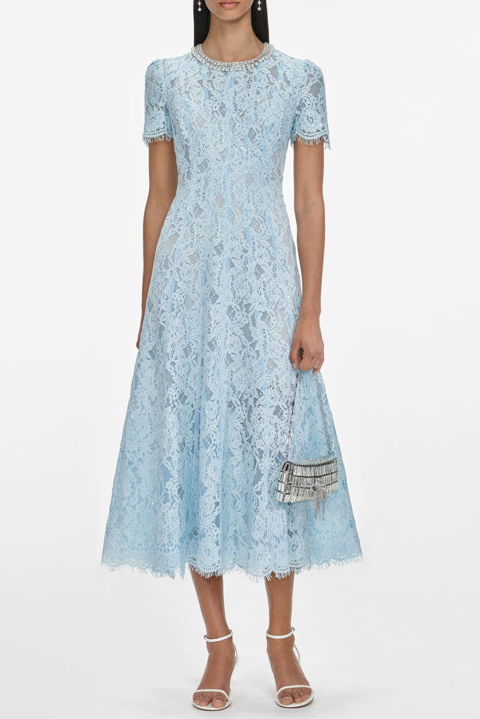 Shop  blue dress - Perfect for special occasions | valerie Blue Lace Embellished Midi Dress