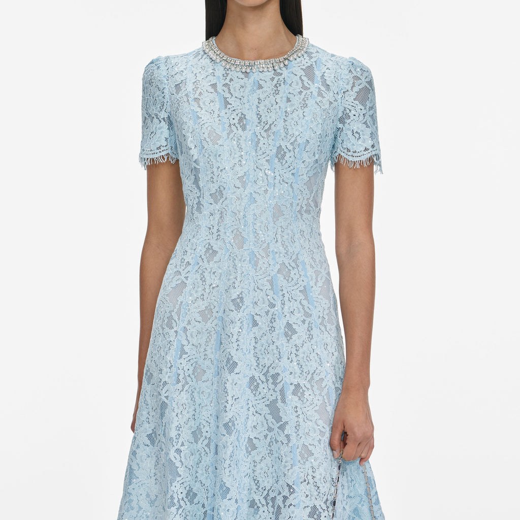 Shop  blue dress - Perfect for special occasions | valerie Blue Lace Embellished Midi Dress