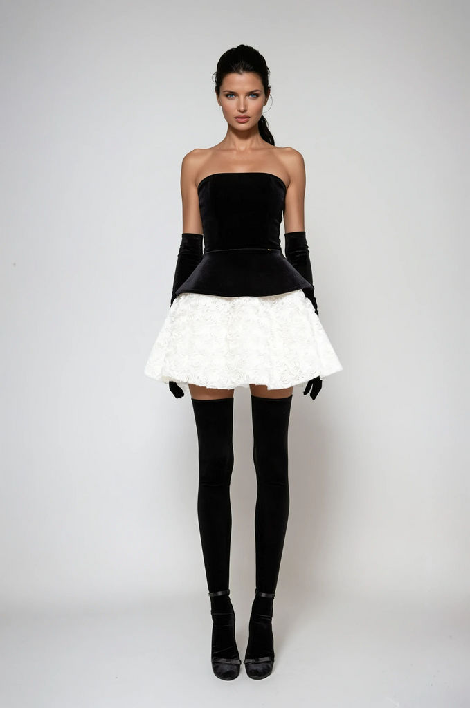 Abda Strapless Floral Layerd Velvet Mini Dress - Stylish beautiful dress for special occasions | Buy Online