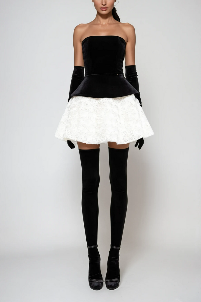 Stylish beautiful dress | Abda Strapless Floral Layerd Velvet Mini Dress - Ideal for special occasions