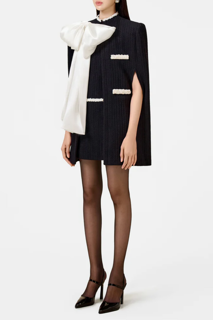 Stylish black dress | Abene Bow Beaded Embellished Knit Cape - Black - Ideal for special occasions