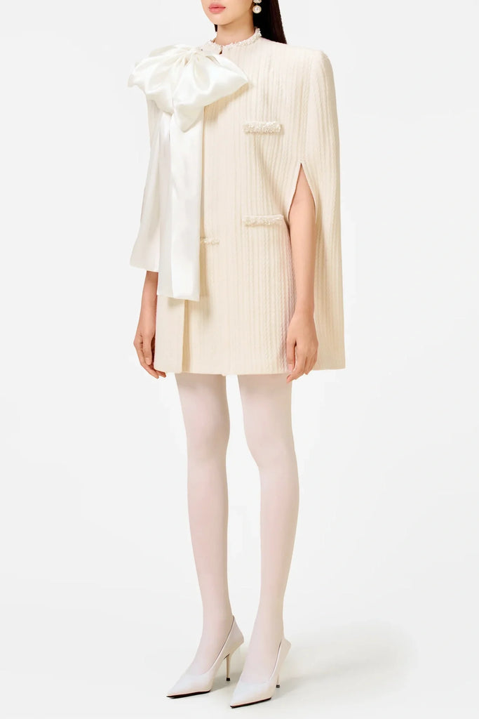 Abene Bow Beaded Embellished Knit Cape - White - Stylish white dress for special occasions | Buy Online