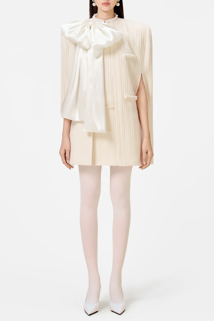 Abene Bow Beaded Embellished Knit Cape - White - Stylish white dress for special occasions | Buy Online