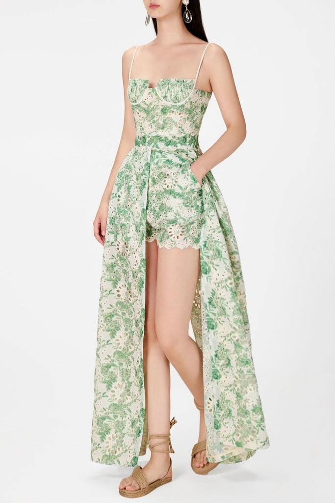 Stylish red dress | dolores Floral Embroidered Shorts & Maxi Dress Set - Green - Ideal for special occasions
